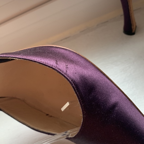 Manolo Blahnik Purple Satin Pointy Toe Heels with Rhinestone Ankle Strap, 37.5 - Picture 7 of 13